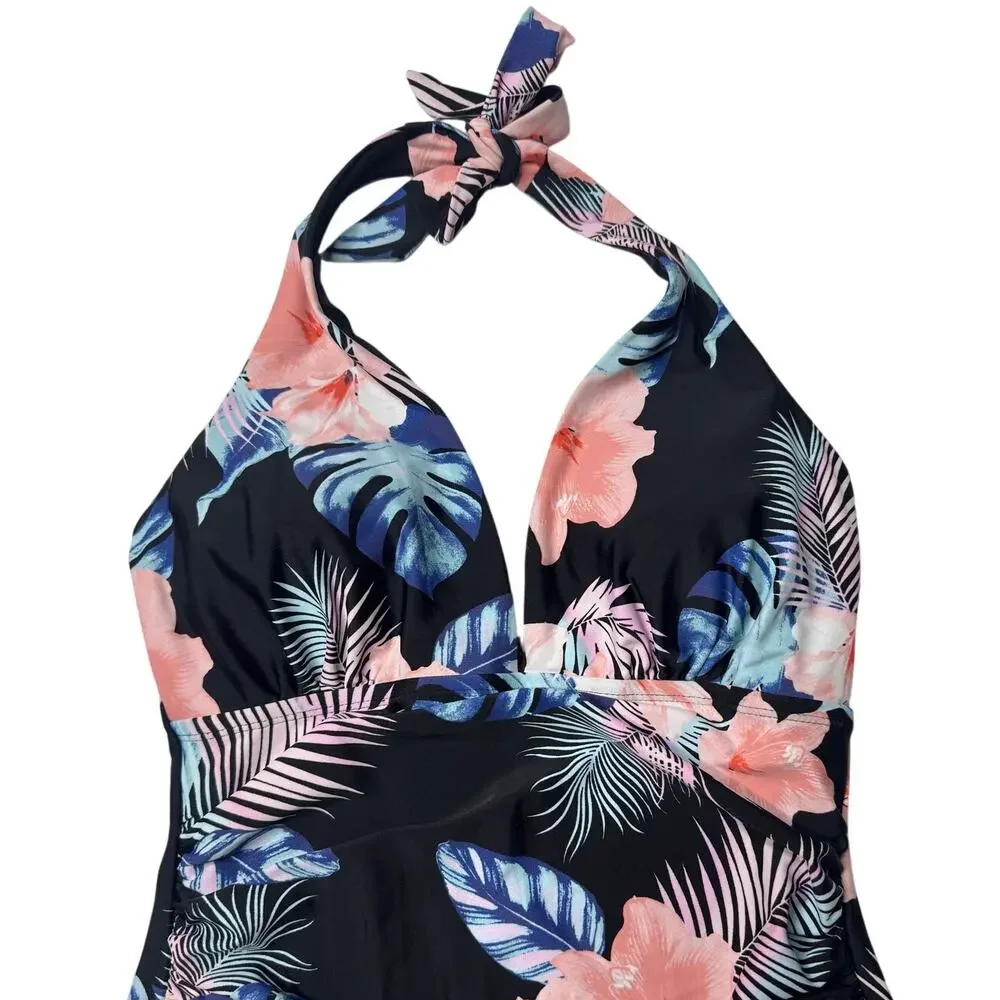 DKNY Tropical Floral Halter One Piece Swimsuit Tummy Control M Est. No Size Tag - Picture 3 of 9